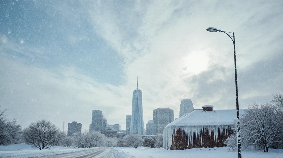 Streetlamp illuminates winter cityscape with snow-covered rooftops and falling snowflakes