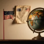 Cracked antique globe sits on desk with faded American flag and newspaper clipping showing US-EU trade uncertainty