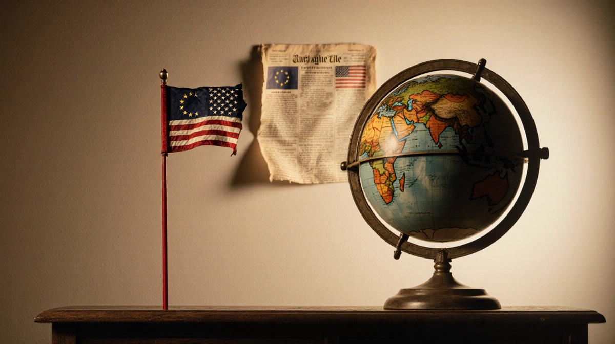 Cracked antique globe sits on desk with faded American flag and newspaper clipping showing US-EU trade uncertainty