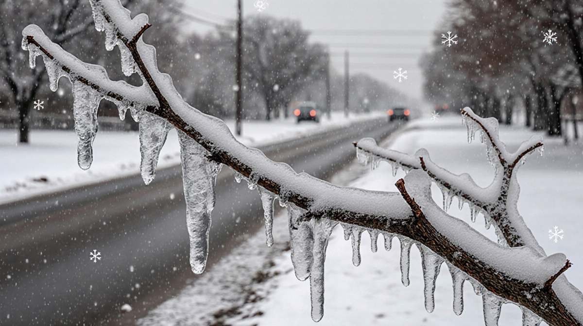 Frozen tree branch bending under hanging ice crystals with North Texas sleet roads in muted winter background