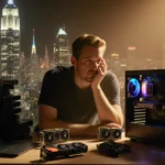 Frustrated gamer leans against workbench with scattered computer parts and partially built PC showing confusion