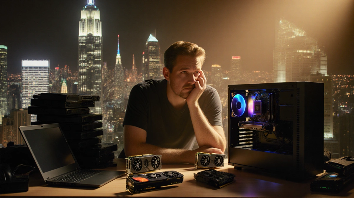 Frustrated gamer leans against workbench with scattered computer parts and partially built PC showing confusion