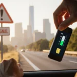 Frustrated driver pulls SIM tray from phone with no signal sign and city skyline in window