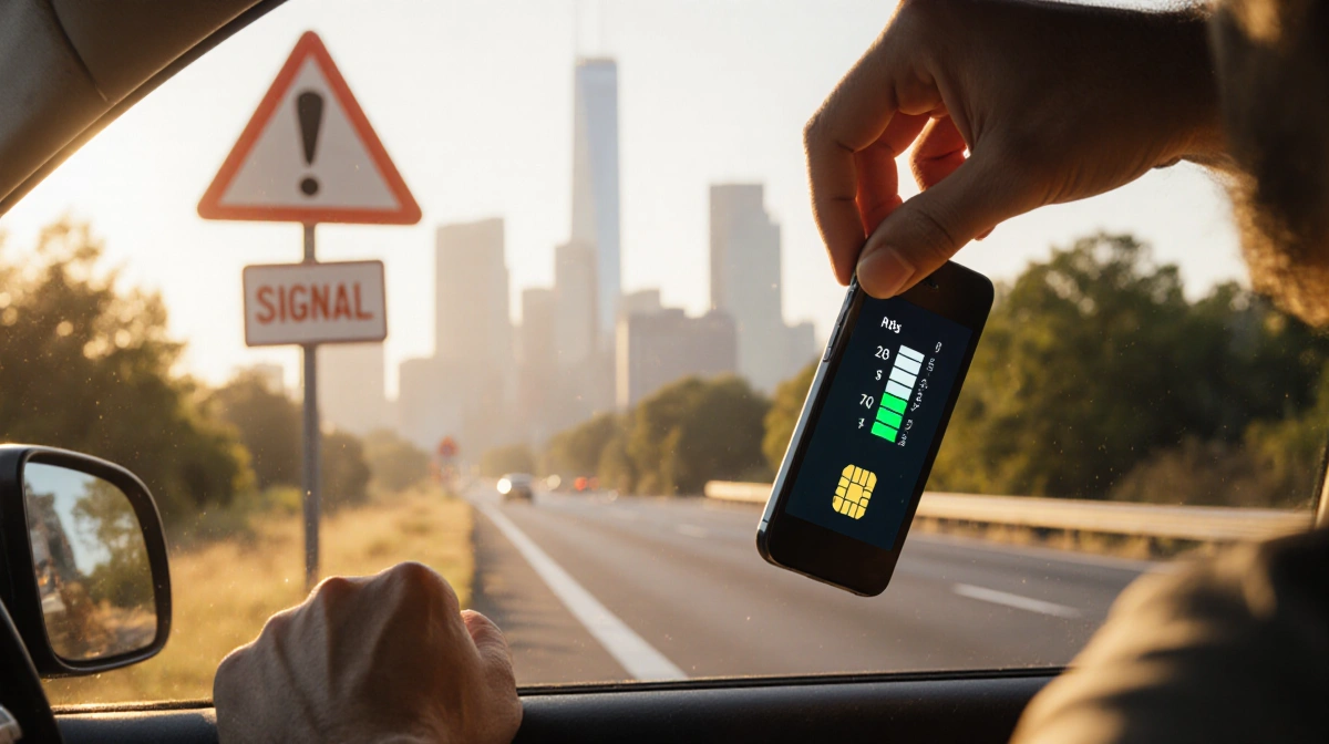 Frustrated driver pulls SIM tray from phone with no signal sign and city skyline in window