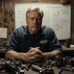 Frustrated mechanic sits at cluttered workbench with tools scattered and whiteboard showing Repair Act points behind