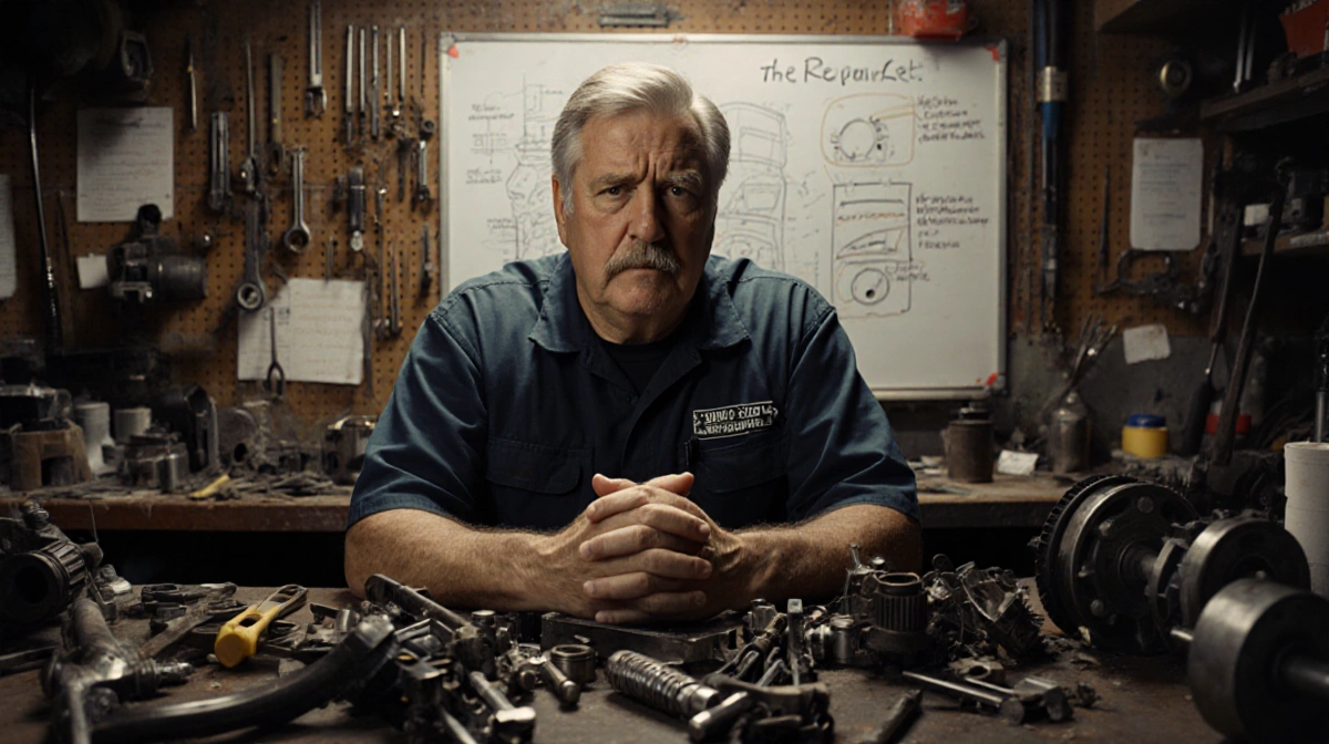 Frustrated mechanic sits at cluttered workbench with tools scattered and whiteboard showing Repair Act points behind