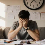 Frustrated person sits at coffee table with tangled pens and papers while a wall clock shows a busy morning schedule.