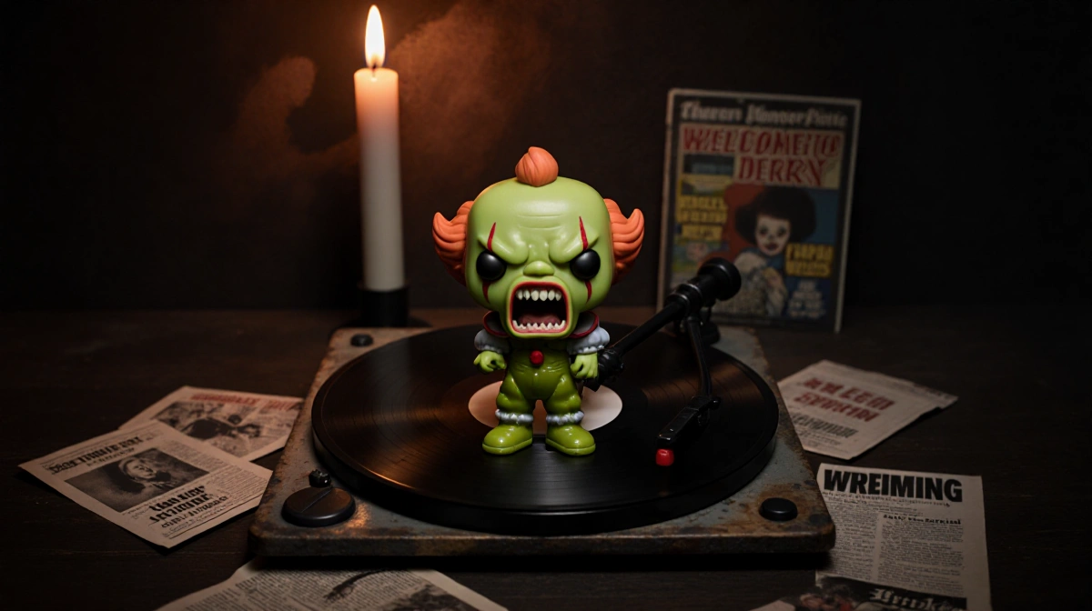 Funko Pop Pickle Dad stares with twisted face from record player with flickering candle and horror posters behind