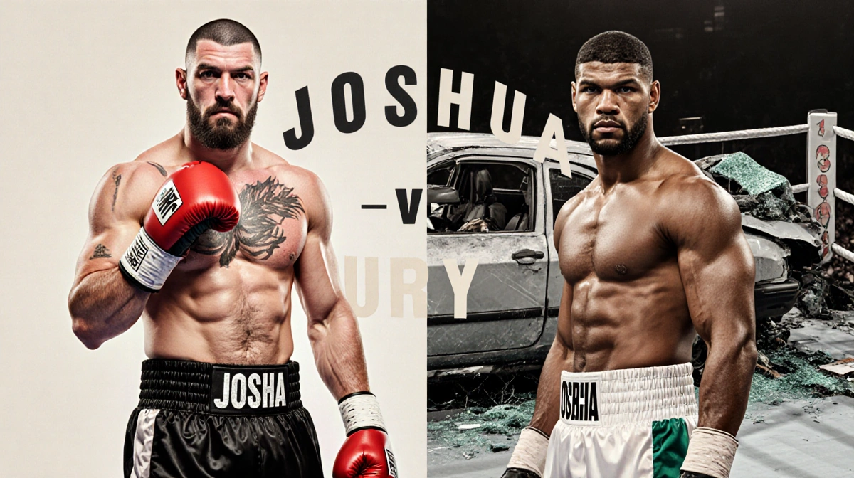 Tyson Fury and Anthony Joshua boxing face off in split-screen with text Joshua vs Fury 2026 and a blurred car crash backgroun