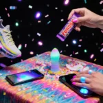 Person holds smartphone with color-changing nails while gripping bone-conducting candy bar with 3D-printed shoe nearby
