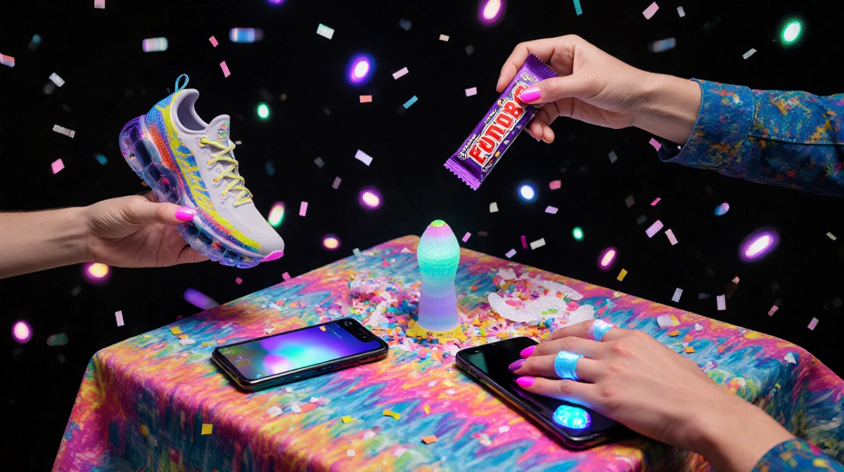 Person holds smartphone with color-changing nails while gripping bone-conducting candy bar with 3D-printed shoe nearby