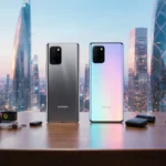 Two Android phones rest on a wooden table with a futuristic city skyline and scattered accessories