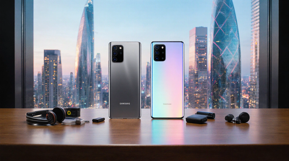 Two Android phones rest on a wooden table with a futuristic city skyline and scattered accessories