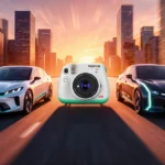 Three futuristic cars parked together with sunset city skyline and dynamic lighting showing innovation and energy