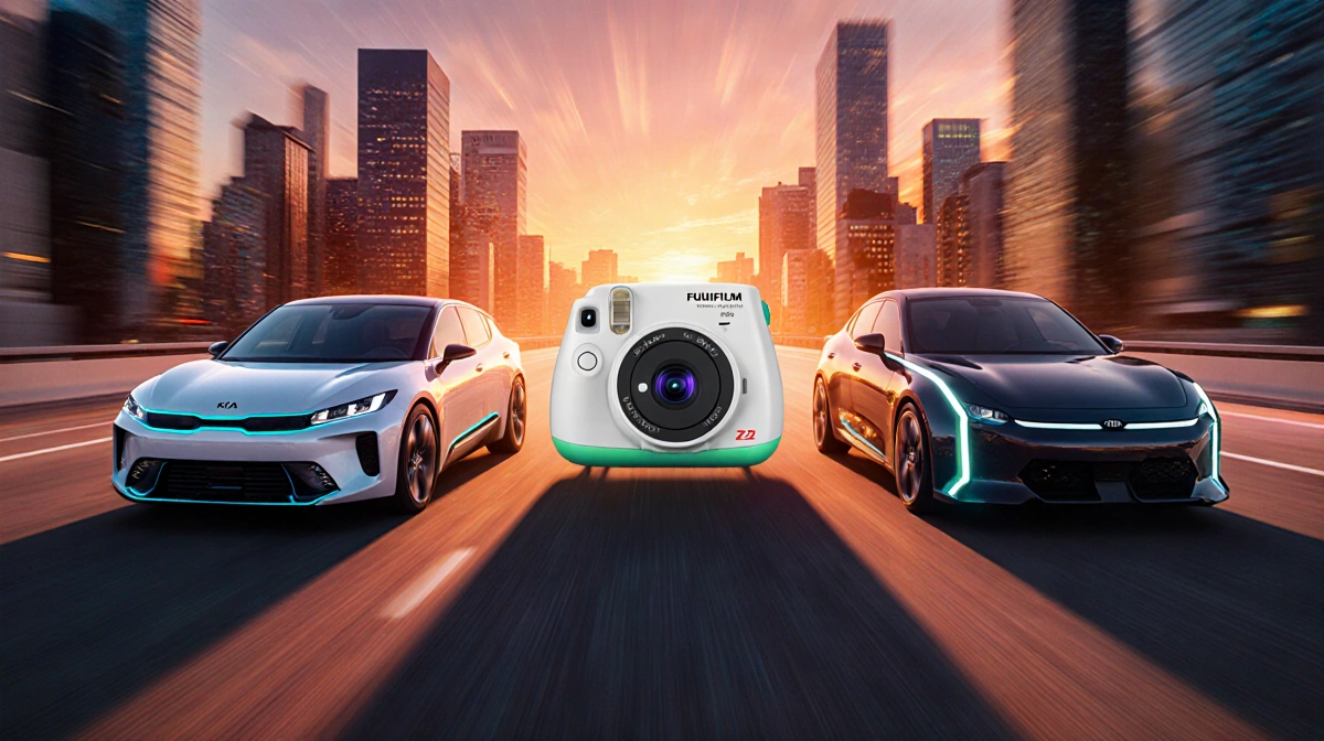 Three futuristic cars parked together with sunset city skyline and dynamic lighting showing innovation and energy