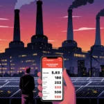Person checking high electricity prices on phone with coal plant behind and solar panels nearby