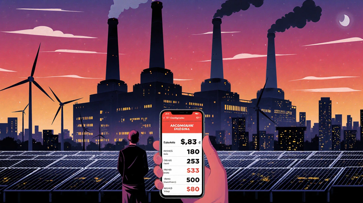 Person checking high electricity prices on phone with coal plant behind and solar panels nearby