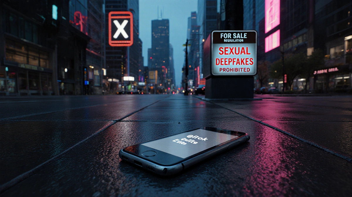 Abandoned smartphone on wet pavement shows cryptic message with neon cityscape and deepfake regulation sign looming behind