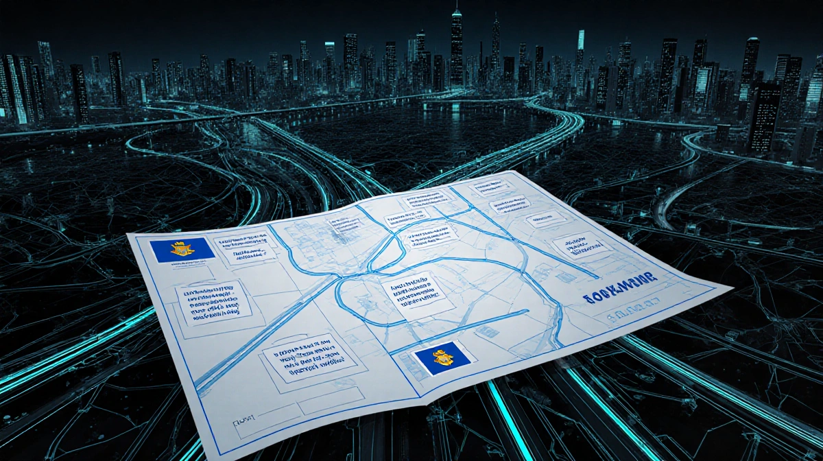 Futuristic city roadmap overlays highway network with glowing autonomous vehicle lines and neon accents showing uncertain pat
