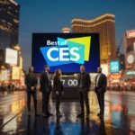 Tech-savvy group standing before neon digital screen showing Best of CES 2026 with futuristic city skyline at dusk