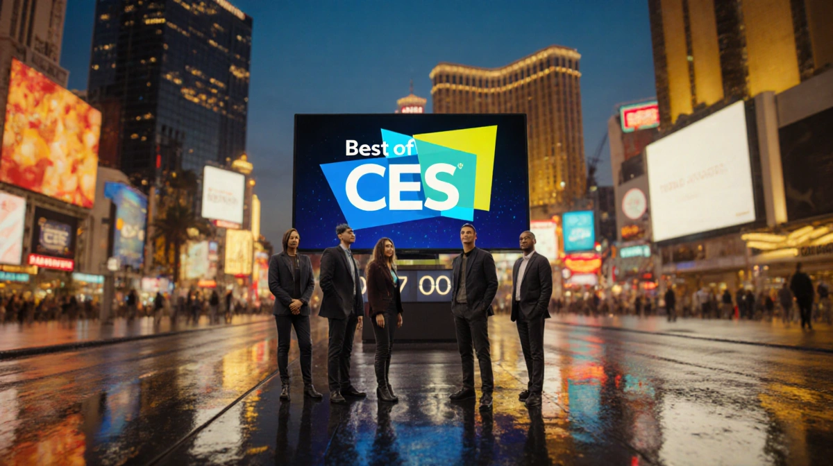 Tech-savvy group standing before neon digital screen showing Best of CES 2026 with futuristic city skyline at dusk