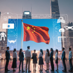 Diverse group watching Chinese flag on large screen with neon-lit futuristic cityscape