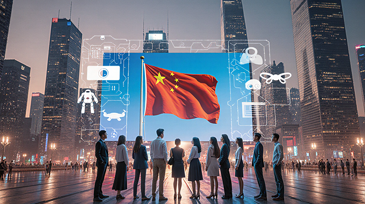 Diverse group watching Chinese flag on large screen with neon-lit futuristic cityscape