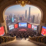 Crowd gathers at futuristic convention entrance with Chinese dragon motifs and glowing city skyline