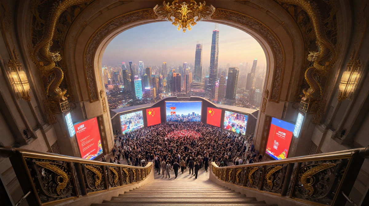 Crowd gathers at futuristic convention entrance with Chinese dragon motifs and glowing city skyline