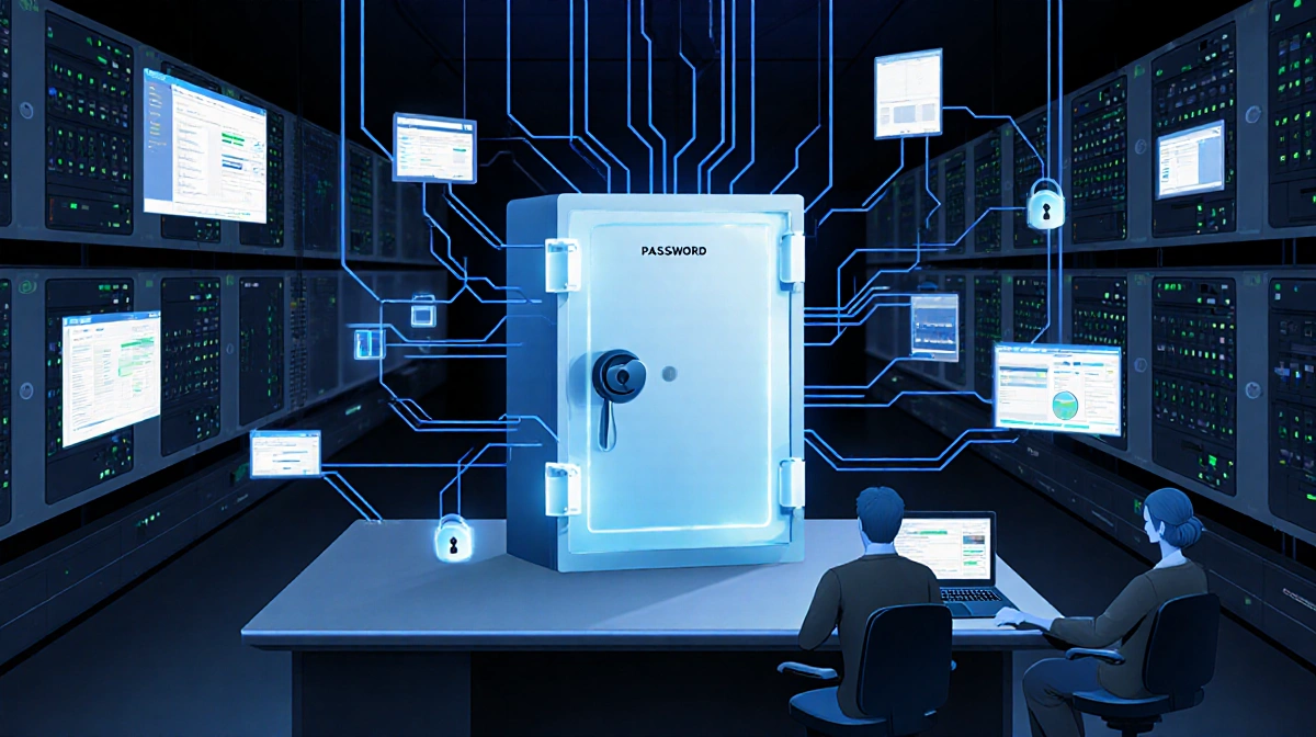 Employees accessing devices with glowing password vault and secure monitors in futuristic corporate workspace