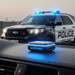 Dashboard glowing with blue LED AI sensor on top and a blurred border patrol vehicle in the background.