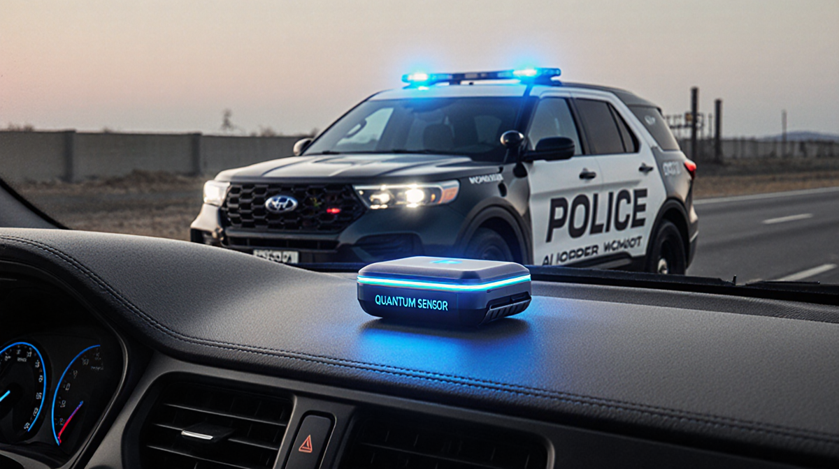 Dashboard glowing with blue LED AI sensor on top and a blurred border patrol vehicle in the background.
