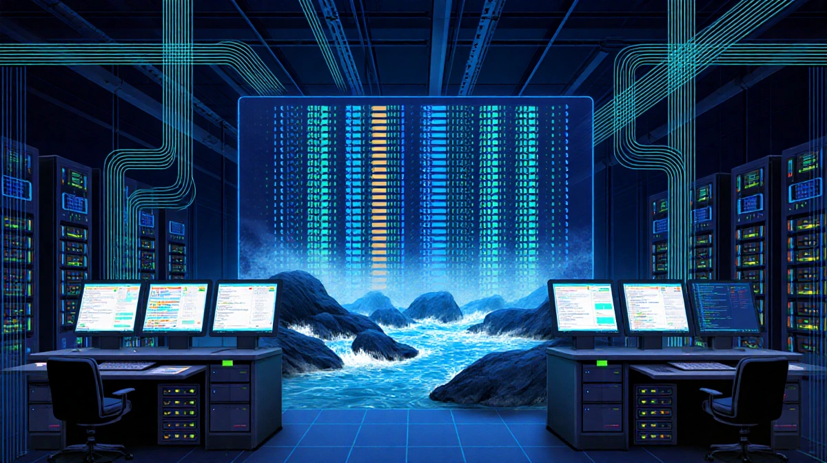 Futuristic data center streams dataset across server racks with glowing cables forming digital network