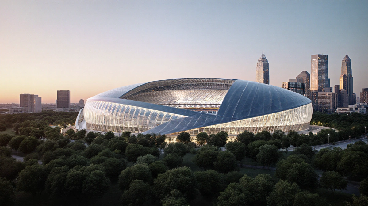 Futuristic domed stadium glows with LED lights and translucent roof while rising near city skyscrapers and green parkland