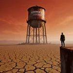 Lone person stands atop rusted water tower with cracked drought landscape stretching to orange sky