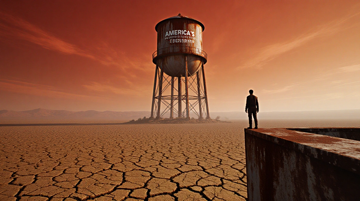 Lone person stands atop rusted water tower with cracked drought landscape stretching to orange sky