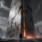 Lone figure gazes up at decaying futuristic skyscraper with flickering neon lights and dark clouds swirling above