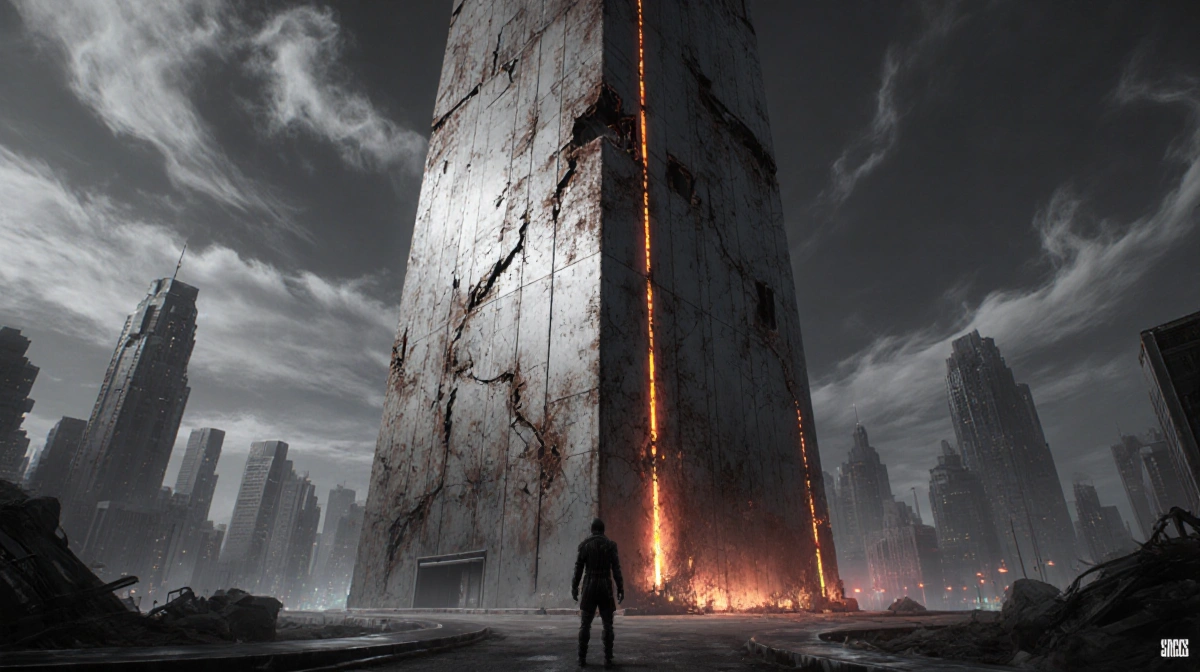 Lone figure gazes up at decaying futuristic skyscraper with flickering neon lights and dark clouds swirling above