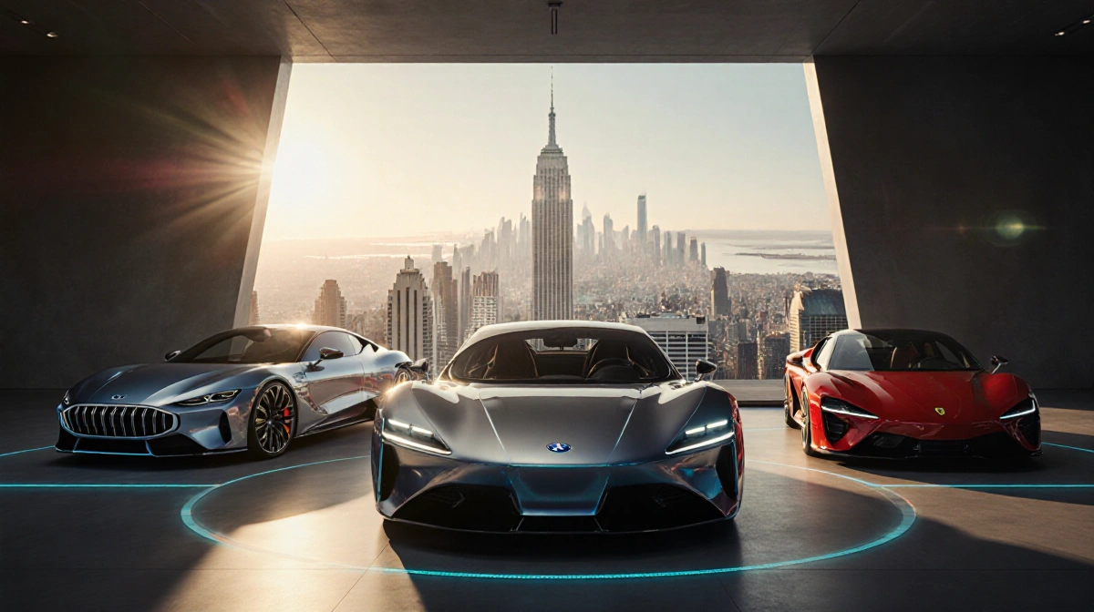 Electric cars shine under warm lights with futuristic city skyline and sleek metallic surfaces showing innovation