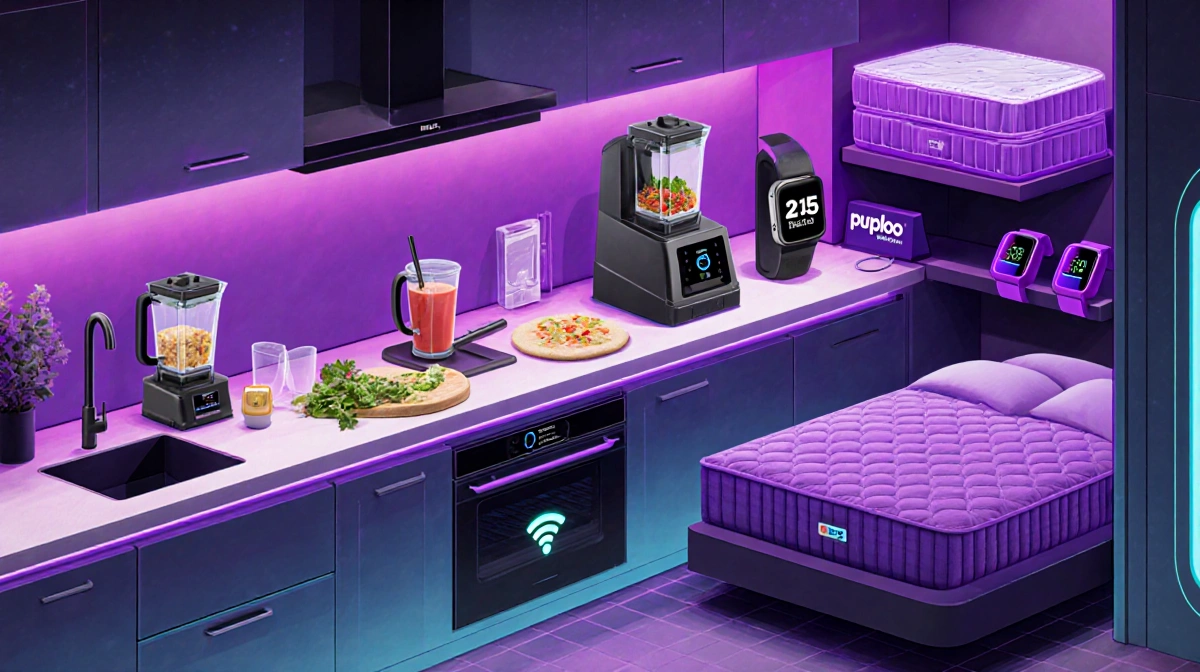 Kitchen system blending ingredients with purple accents and MoKo smartwatch bands on a shelf while Ultraloq locks glow Wi-Fi.