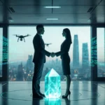 Two business leaders holding glowing crystal with holographic screens and futuristic lab behind them