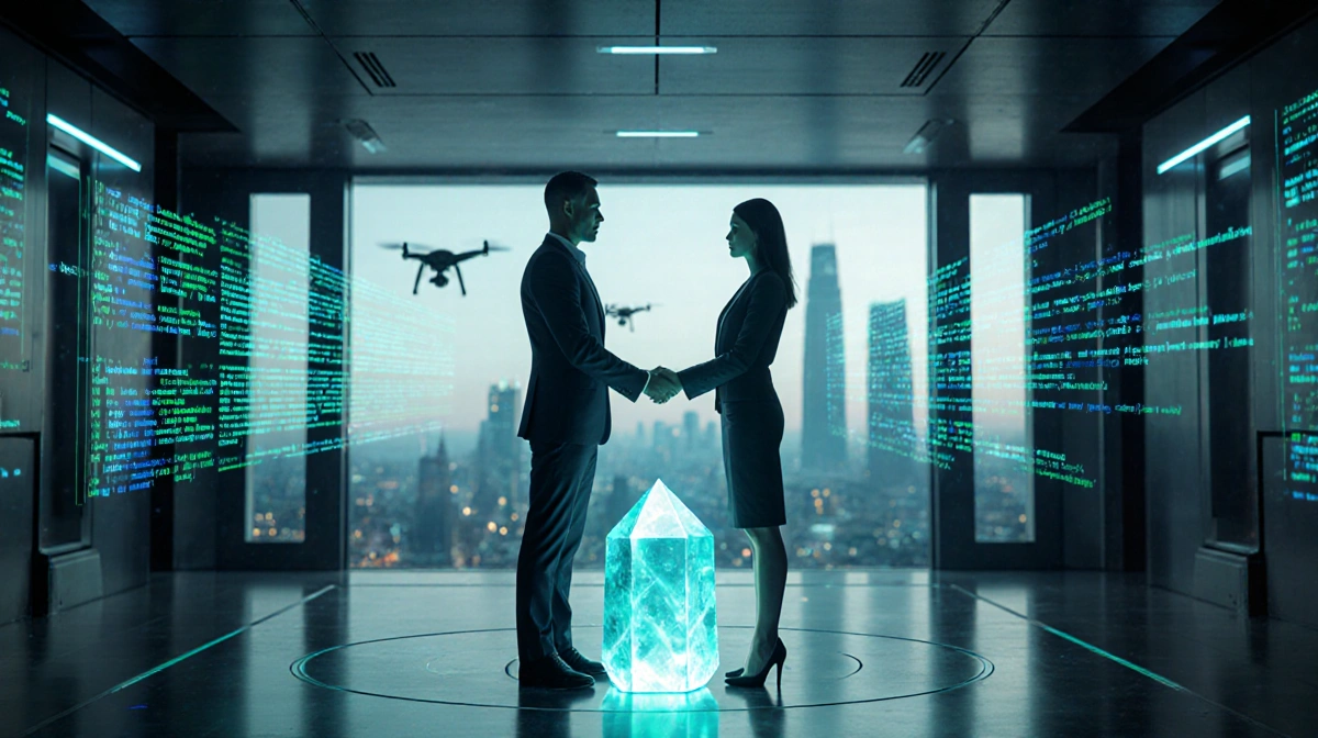 Two business leaders holding glowing crystal with holographic screens and futuristic lab behind them
