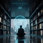 Reader sits in futuristic library with holographic projections of sci‑fi shows on Prime Video and metallic shelves VHS/DVDs
