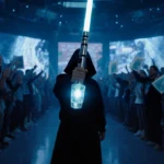 Lone duelist stands with glowing silver lightsaber near hand and cheering crowd holding lightsaber merchandise behind