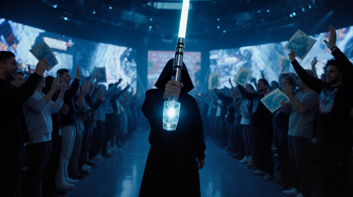 Lone duelist stands with glowing silver lightsaber near hand and cheering crowd holding lightsaber merchandise behind