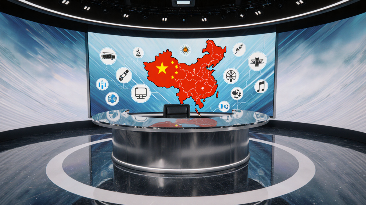 Futuristic livestream studio with silver desk showing China technology map with robotics and space icons