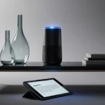 Siri smart speaker glowing blue with elegant vases and tablet showing cryptic message