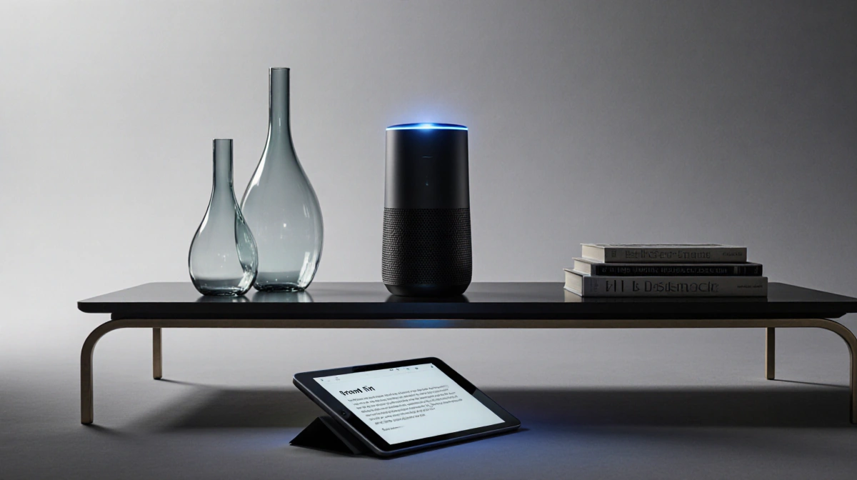 Siri smart speaker glowing blue with elegant vases and tablet showing cryptic message