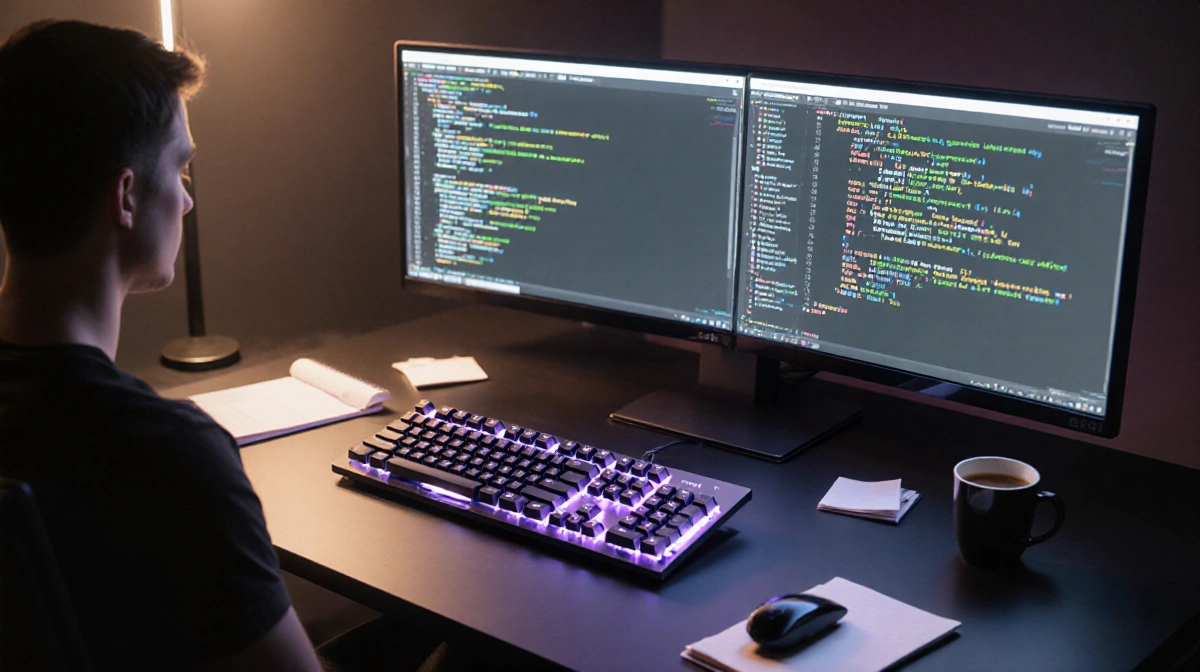 Programmer typing on mechanical keyboard with Topre switches and code reflected on monitor