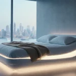 Futuristic smart bed glows with adjustable settings and city view through floor-to-ceiling windows